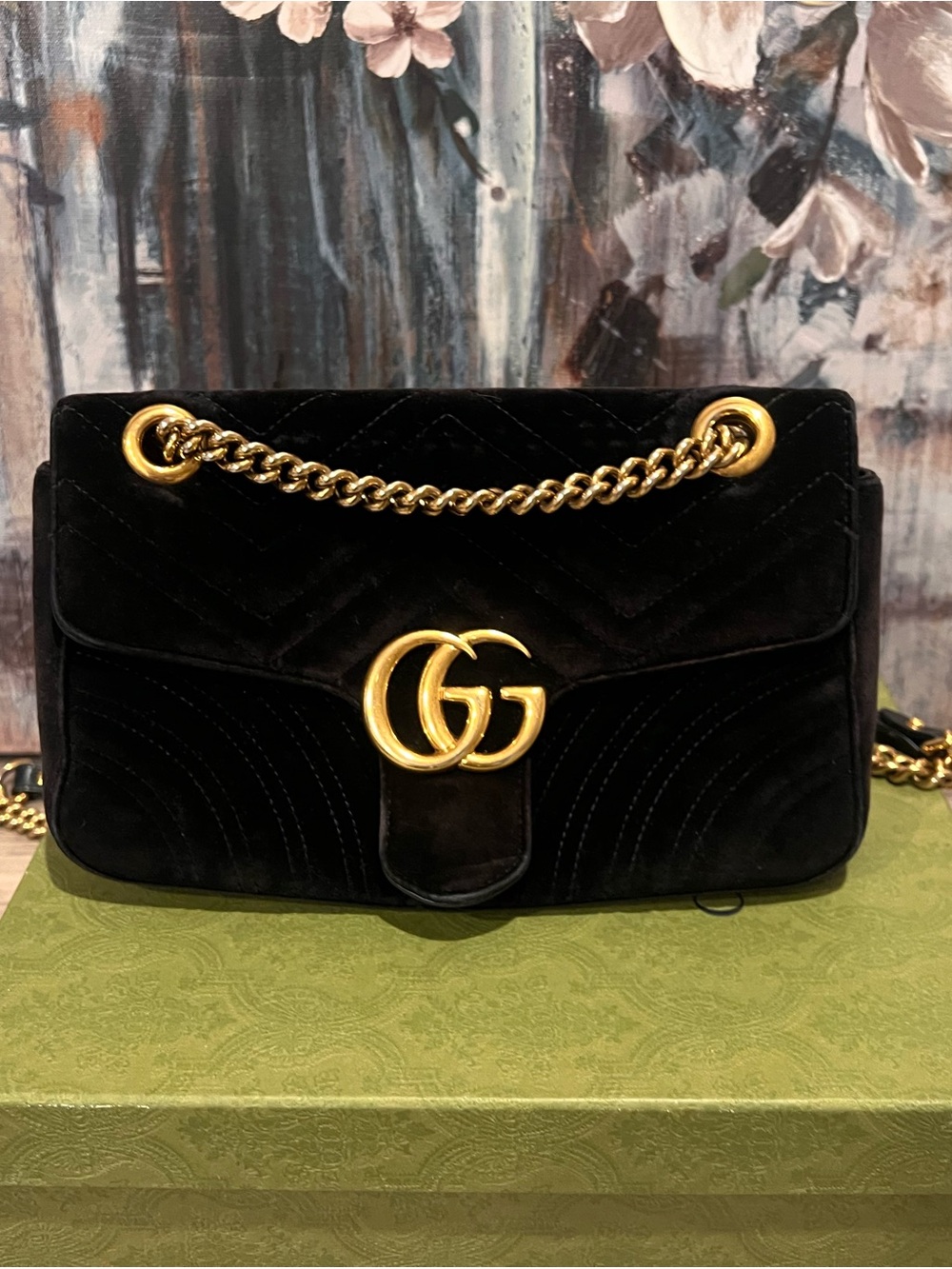 Gucci Black Matelasse Velvet GG Marmont Medium Bag